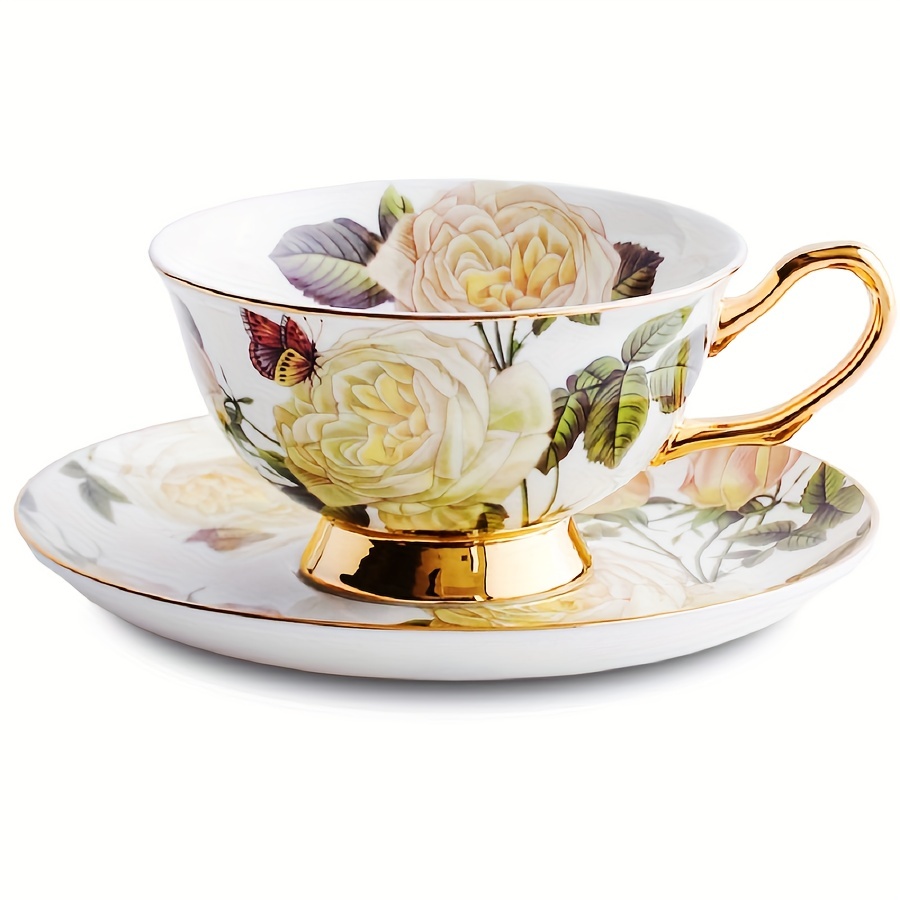 Ceramic Flower Gold Tea Cup, Set of 4