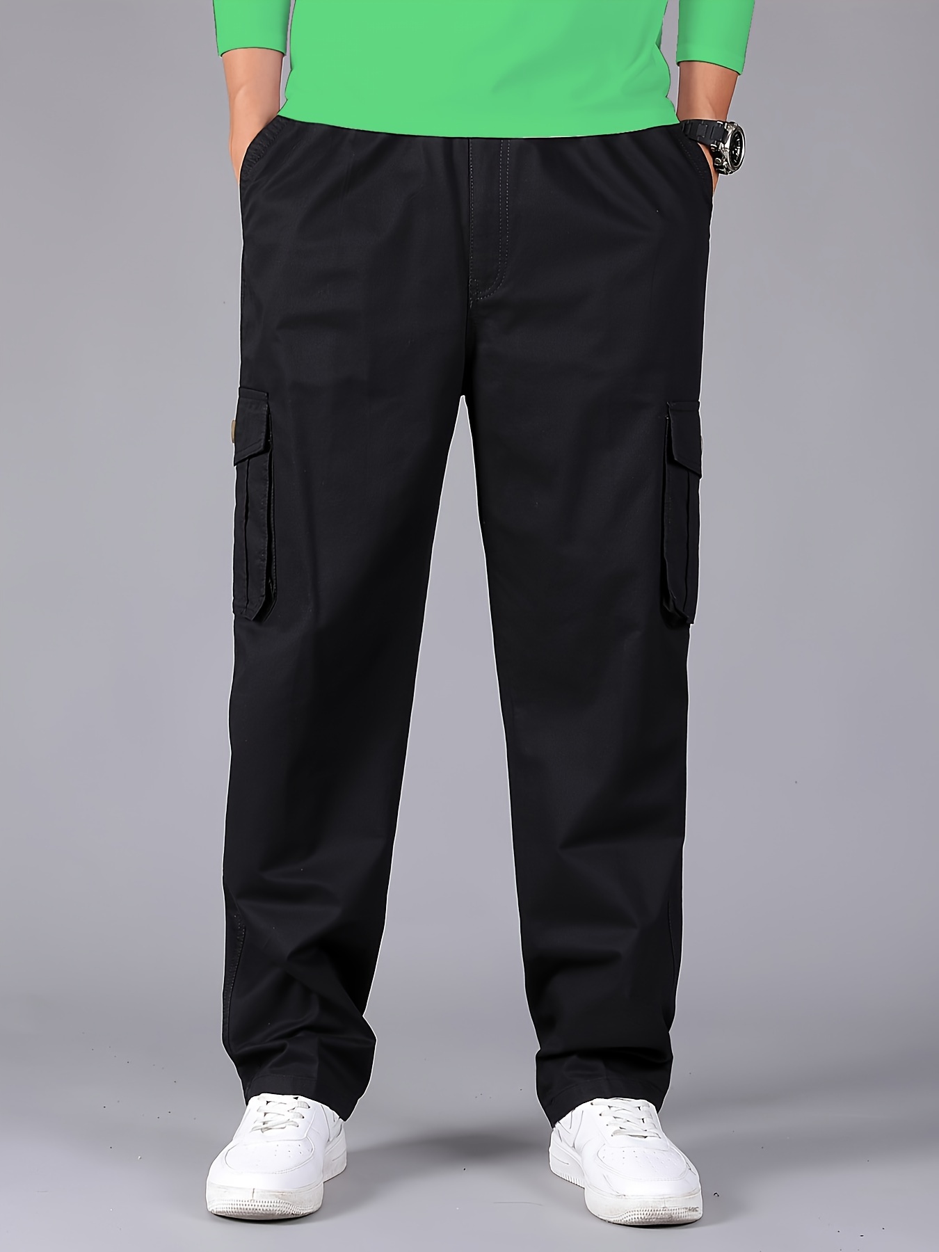 Men's Plain Black Double Sided Large Pocket Cargo Pants - Temu