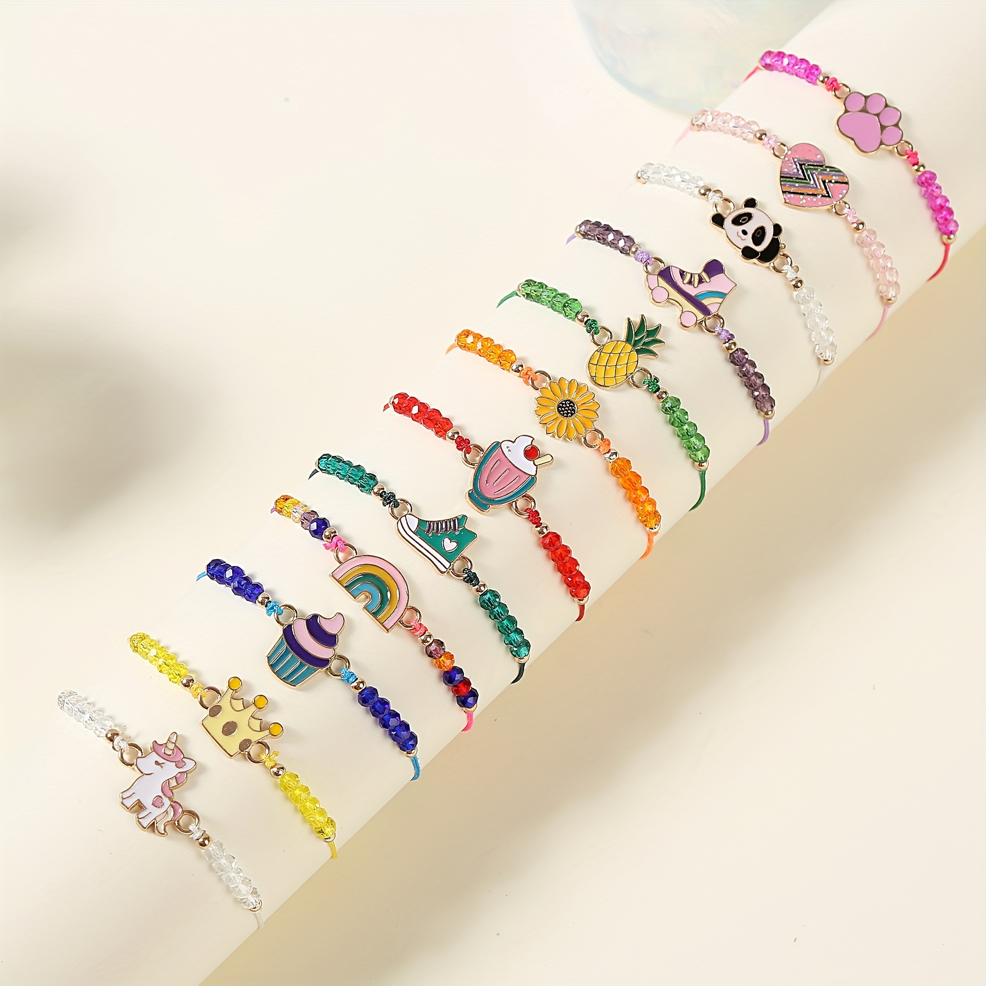 

12pcs/set Girl's Adjustable Animal Flowers Ice Cream Rainbow Heart Charm Bracelets, Gift For Girls