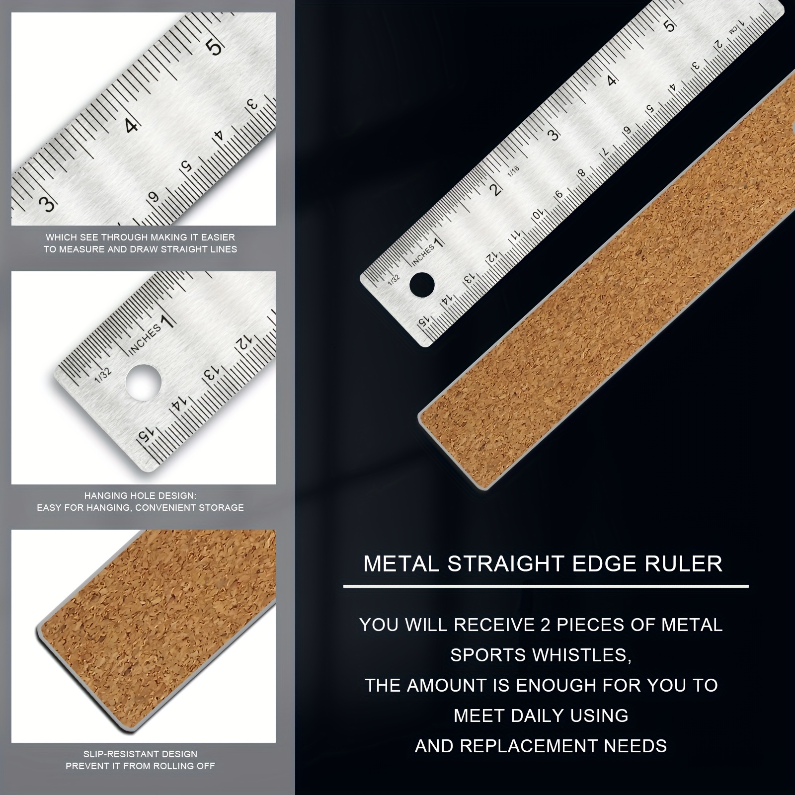 Stainless Steel Cork Back Rulers Metal Ruler Set Non Slip - Temu