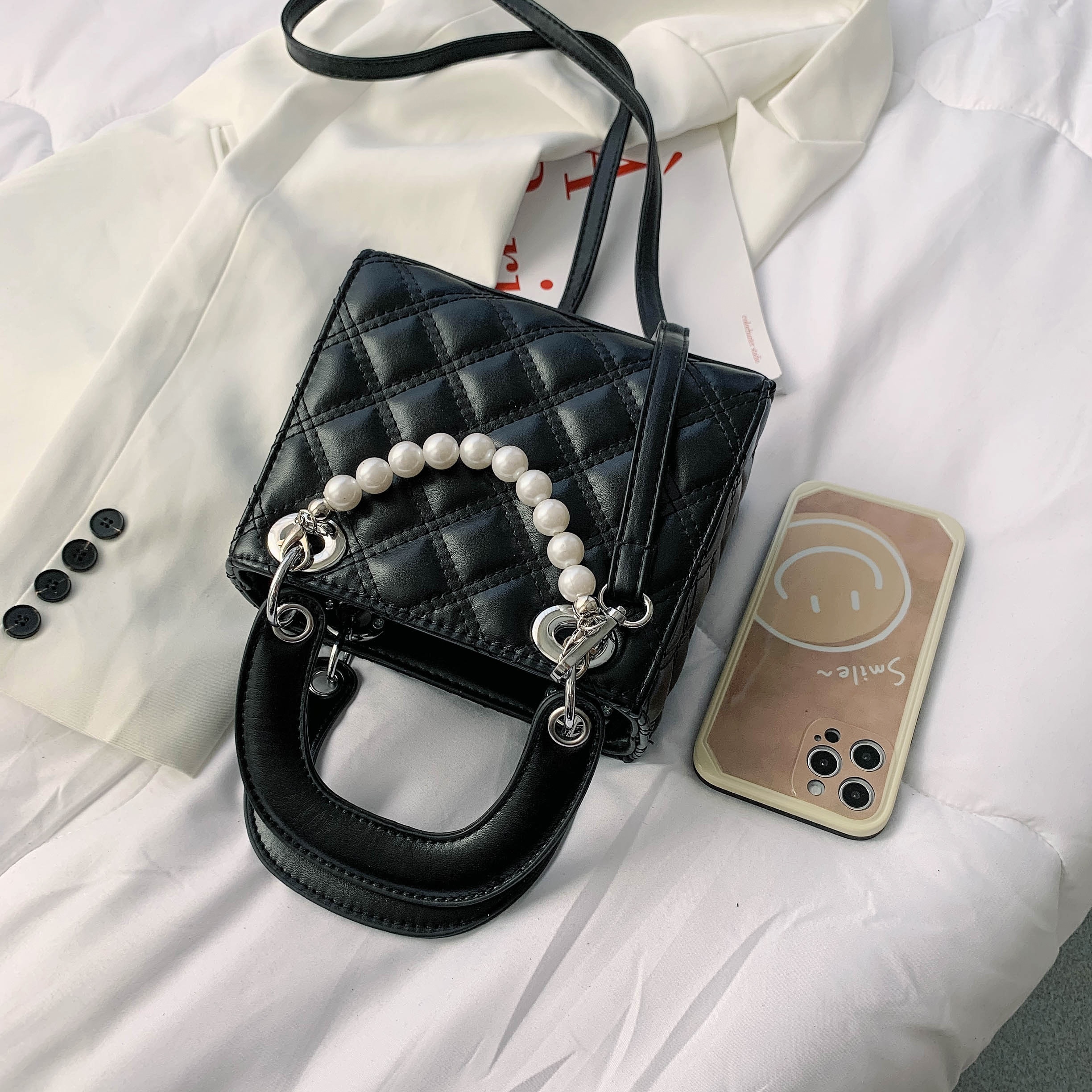 Mini Square Bag Faux Pearl Decor Chain Strap