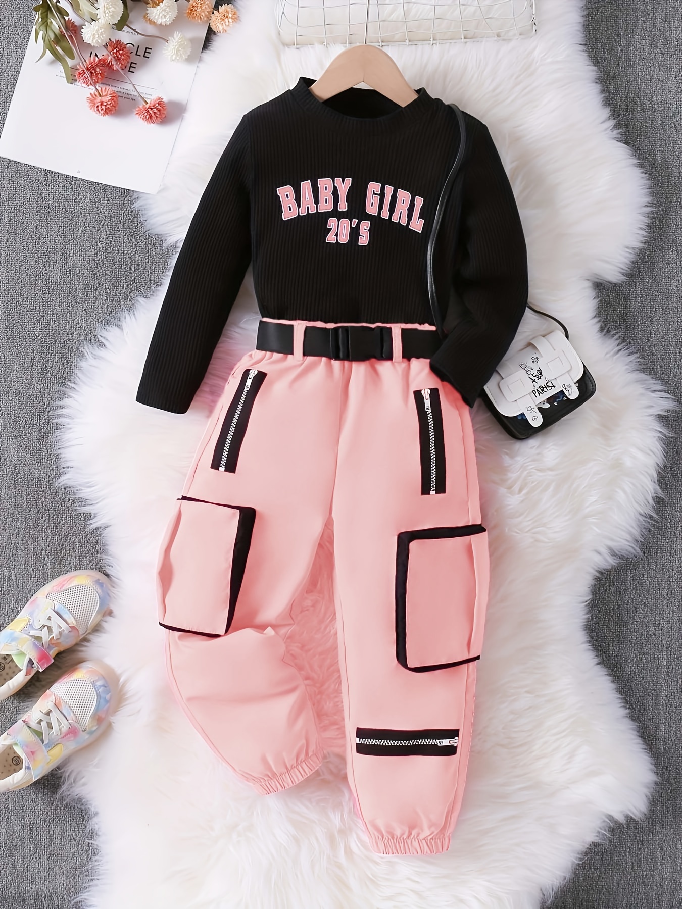 Baby Girl 20's Print Top + Cargo Pants Set Comfy Outfits - Temu