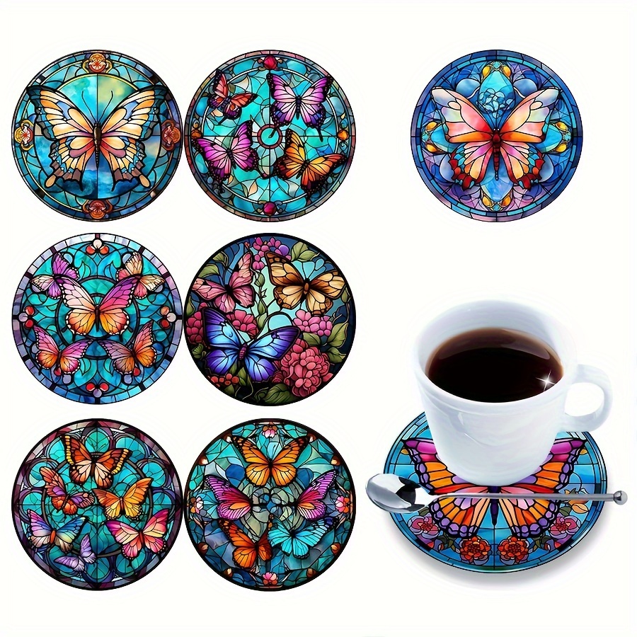 

8pcs, Round Coasters, Colorful Printed Heat Insulation Mat, Butterfly Floral Pattern Decorative Coasters, Anti-scalding Non-slip Table Mat, Kitchen Supplies, Car Coaster, Room Decor
