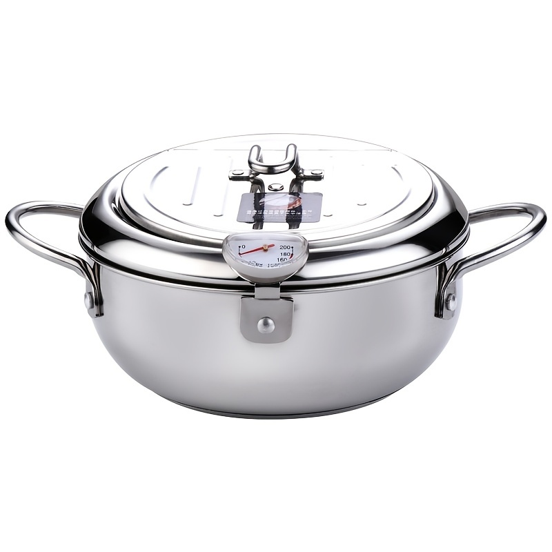 cuomaop,deep Fryer Pot,304 Stainless Steel with Temperature Control and Lid Japanese Style Tempura Fryer Pan Uncoated Fryer Diameter: 9.4