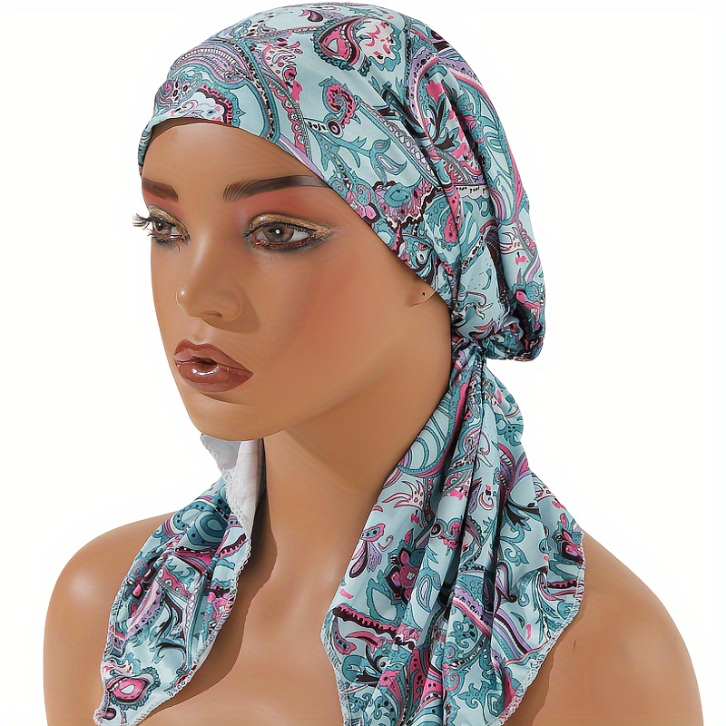

Blue Paisley Print Boho Turbans Lightweight Elastic Pirate Hats Breathable Head Wraps Chemo Cap For Women