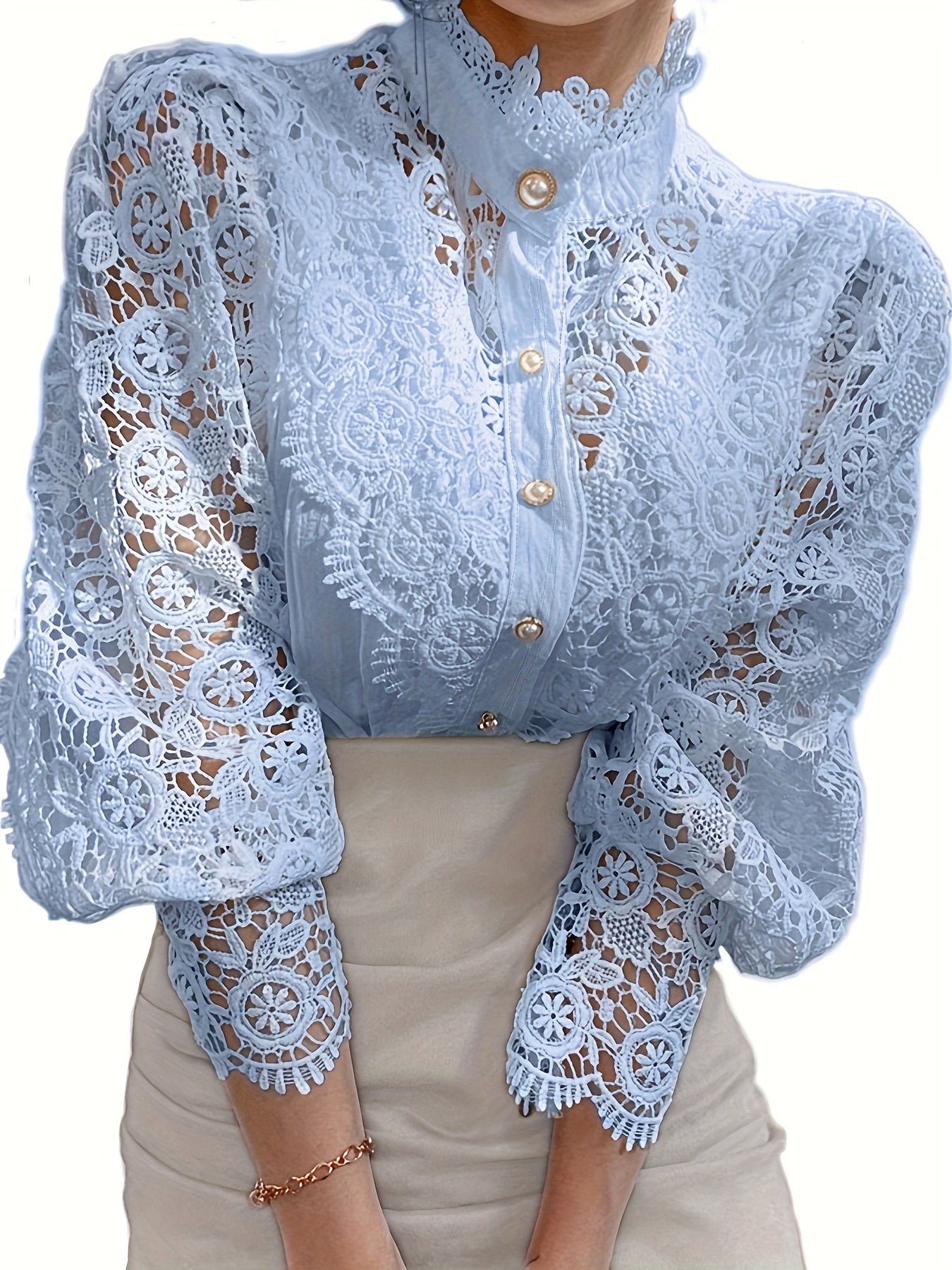 Women's Blouse Long Sleeve Blouses Fake Buttons Lace Elegant Solid Color