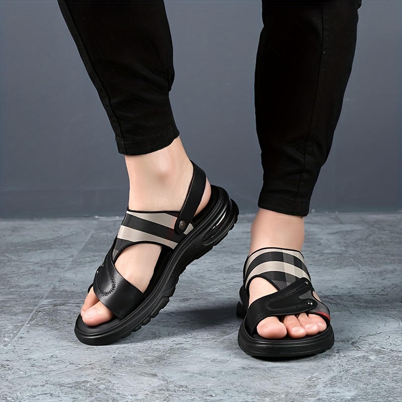 Men's Plaid Faux Leather Non Slip Sandals Wear resistant Comfy Beach Shoes Summer