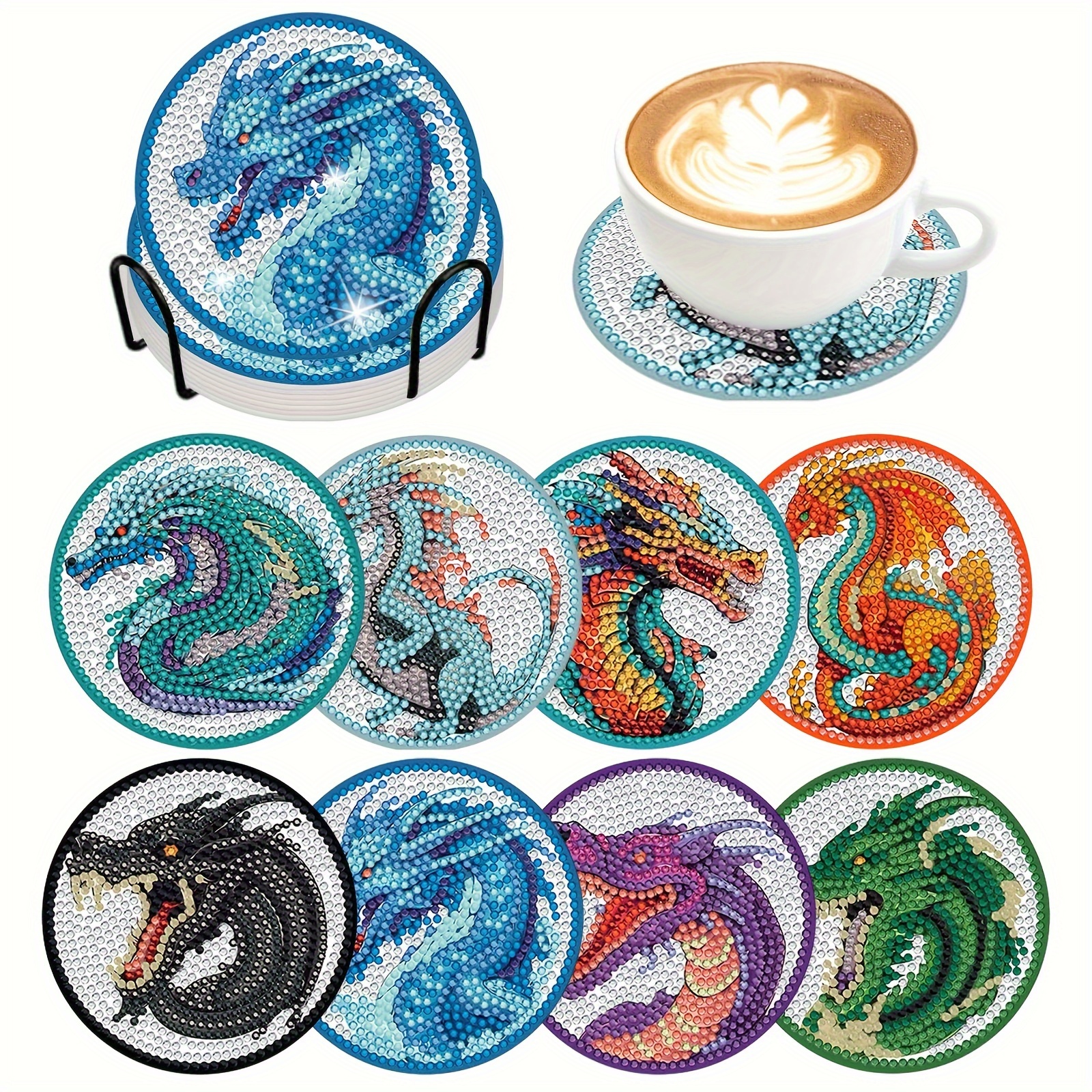 8 Pieces Dragon Diamond Painting Coasters Kits with Holder DIY 3D Dragon  Diamond Art Coaster Non Slip Coaster for Adults Diamond Painting Kits