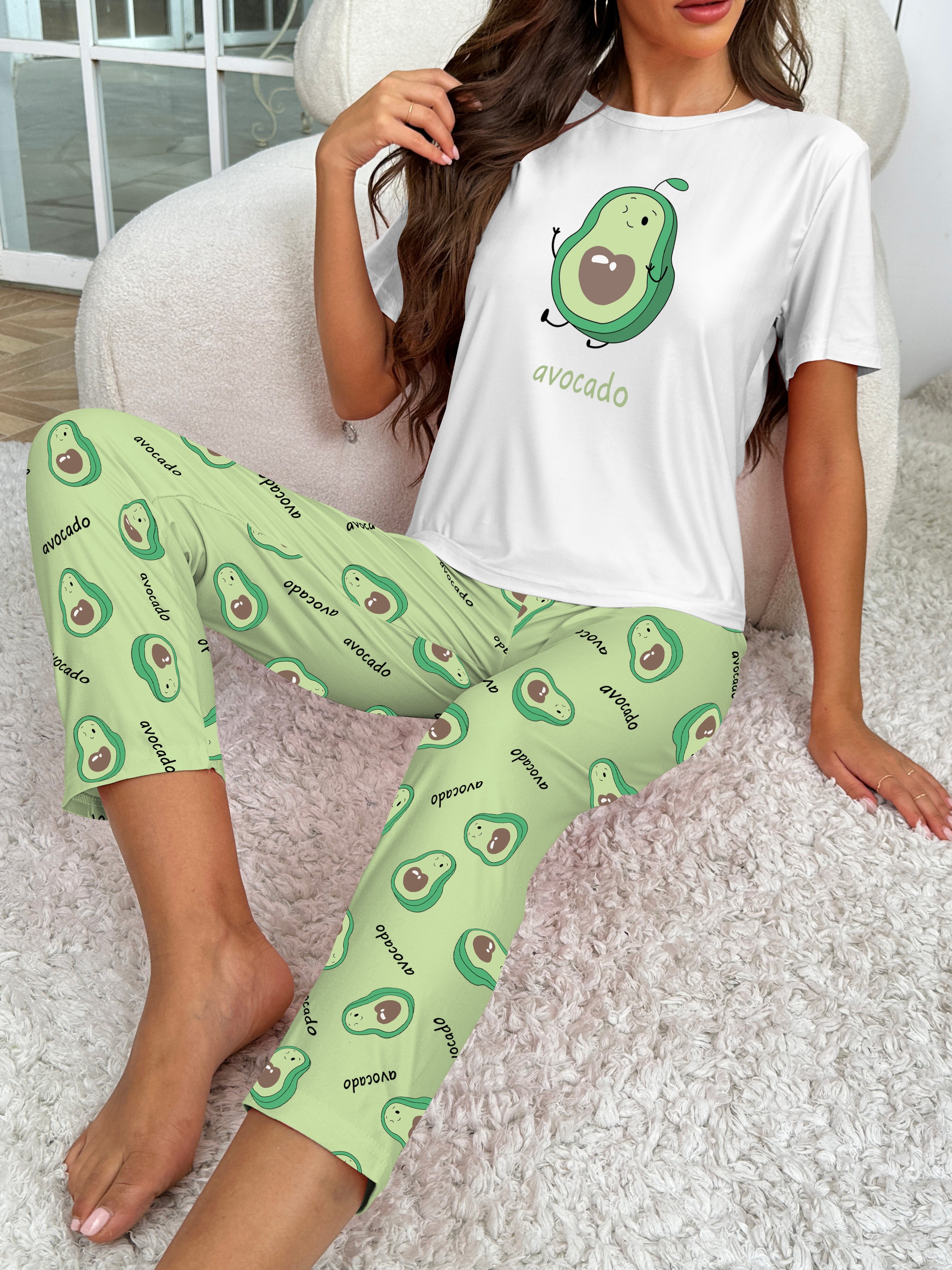 Avocado Print Pajama Set, Crew Neck Short Sleeve Top & Elastic Waistband  Pants, Women's Sleepwear & Loungewear