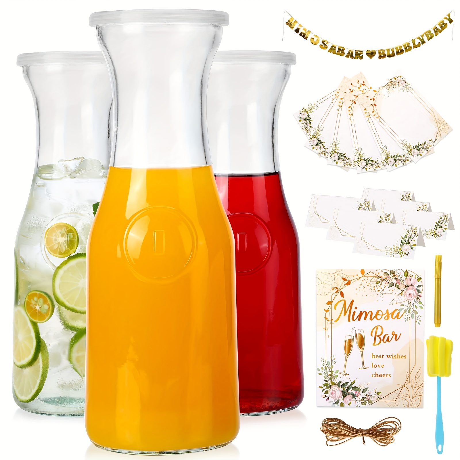 4 Glass Carafe W/ Lids Mimosa Pitcher Bar Party Kit Juice Water