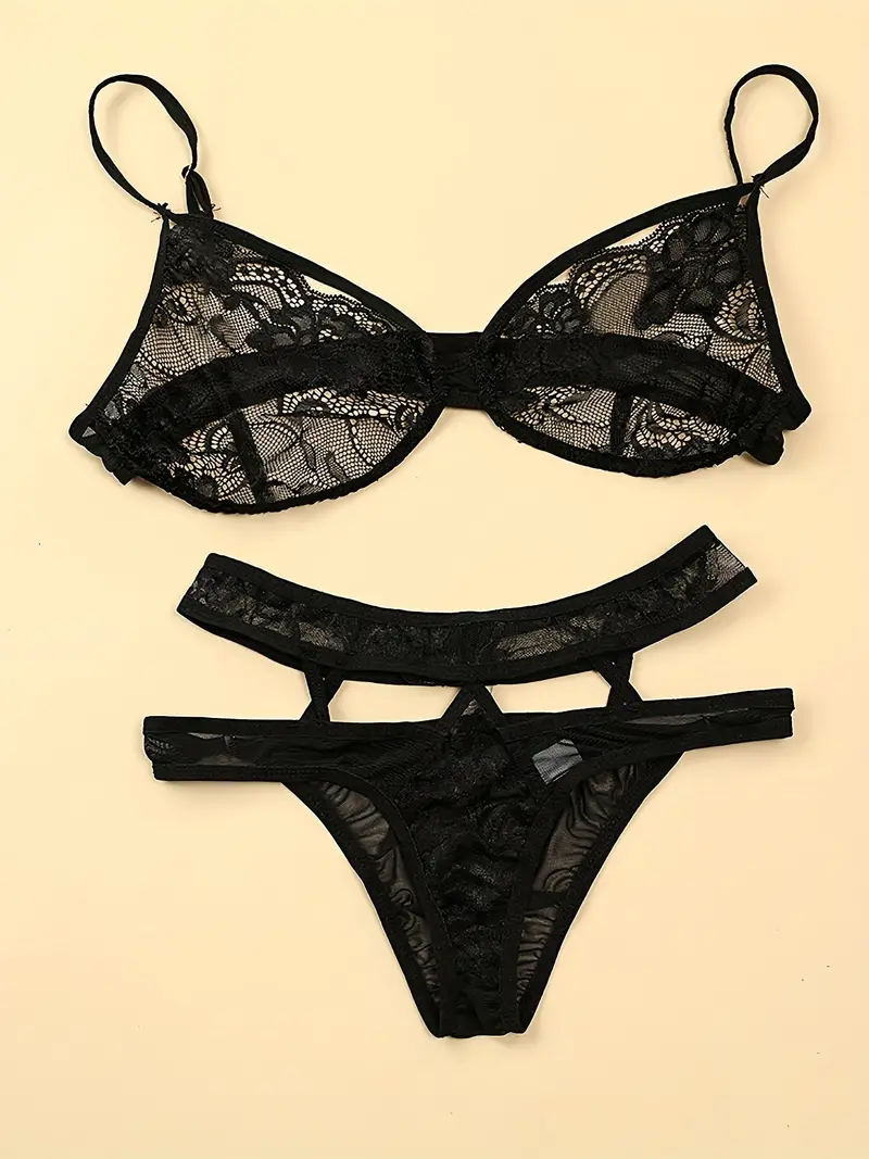 Breathable Lace Hollow Lingerie Set Thin Strap Bra Thong - Temu