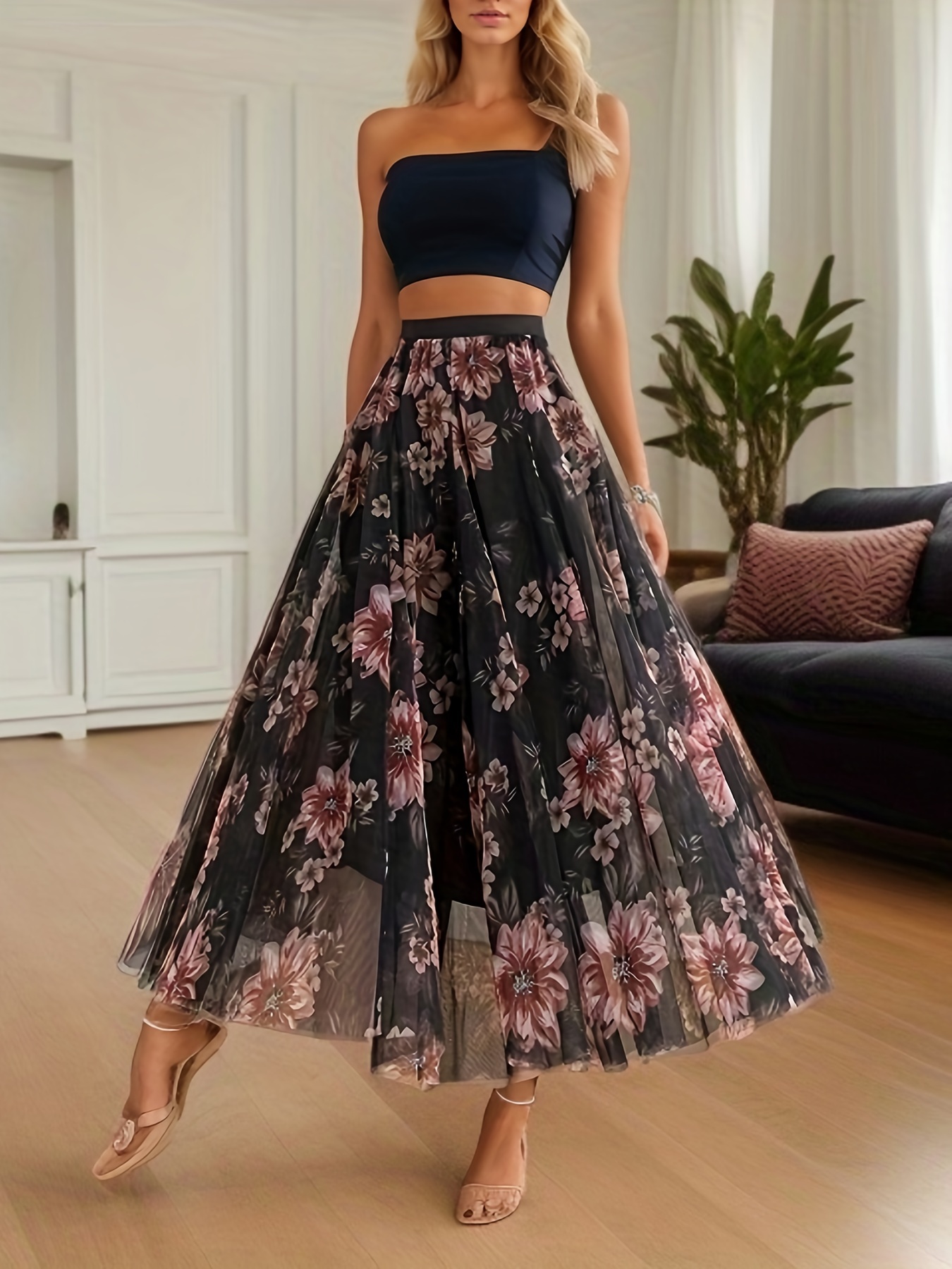 Floral Mesh Set with Two Way Wear Top and Midi Skirt (WSE304A)