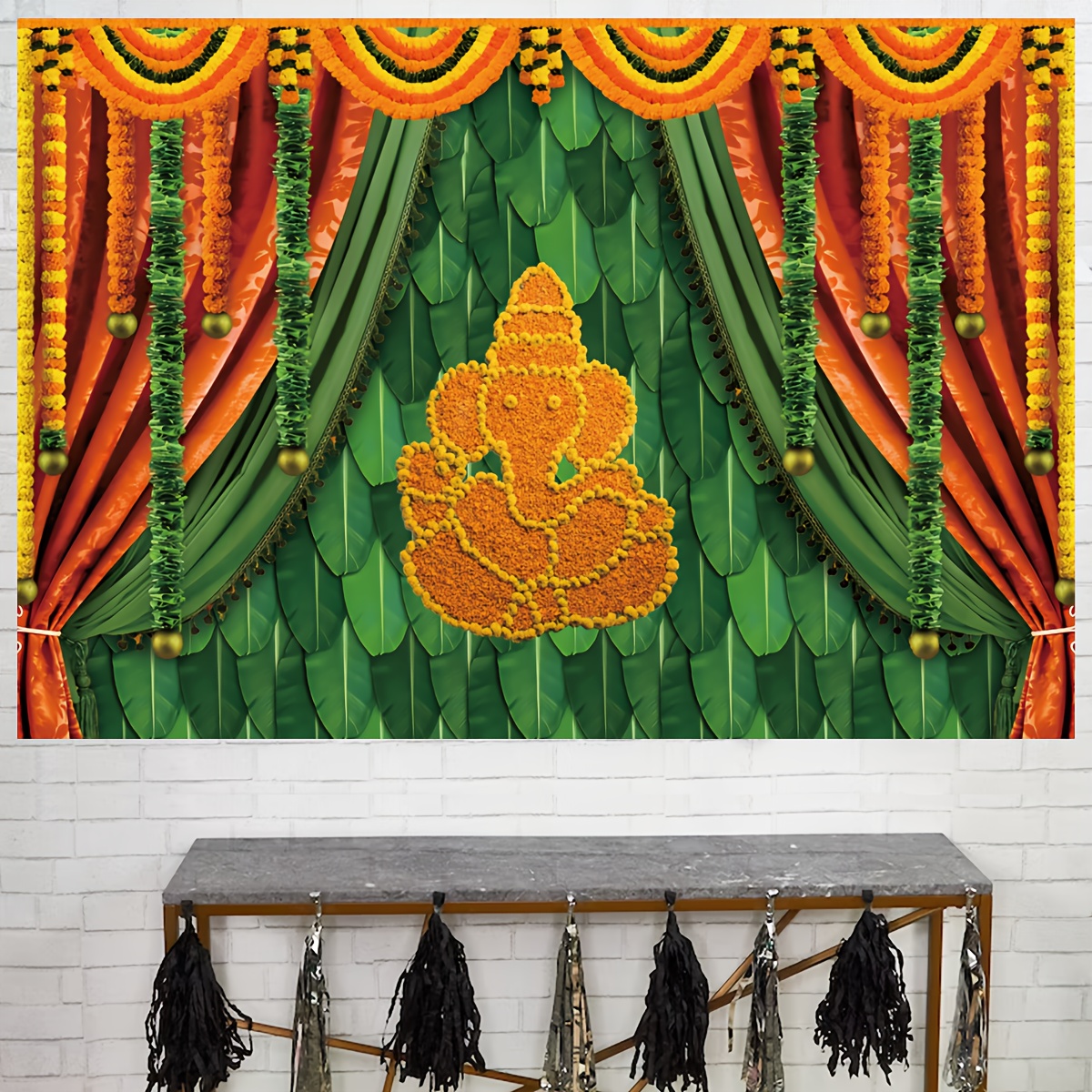 Banana Leaves With Ganesha and Marigold Hangings Backdrop - Etsy Singapore