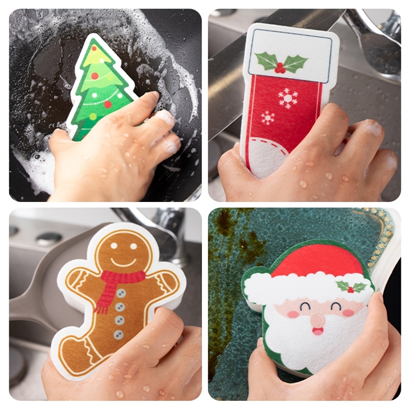 Winter Snowman Kitchen Sponges Christmas Fir Trees Xmas Snowflakes Cleaning  Dish Sponges Non-Scratch Natural Scrubber Sponge for Kitchen Bathroom Cars