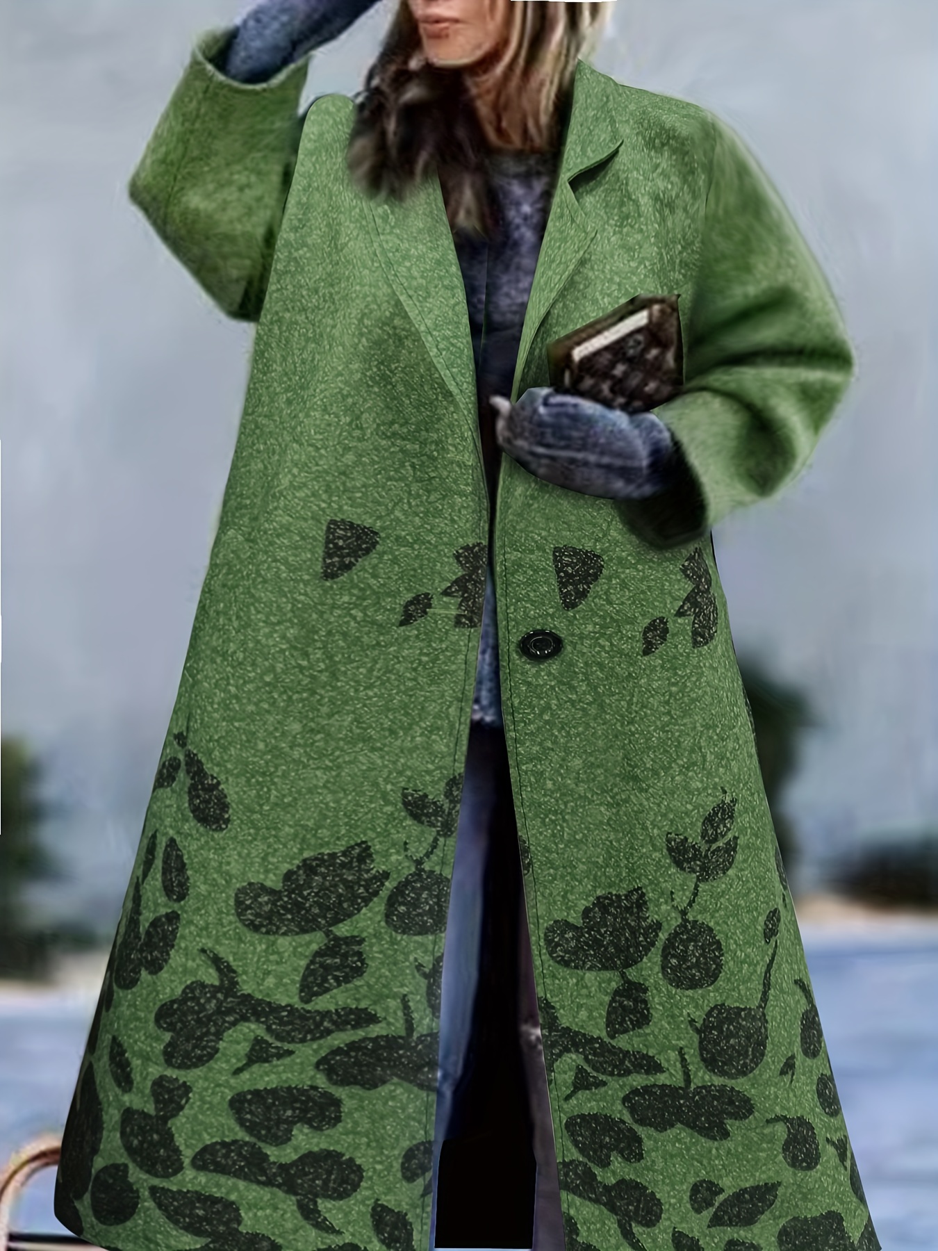 Plus Size Elegant Coat, Women's Plus Solid Long Sleeve Lapel Collar  Longline Woolen Coat With Pockets