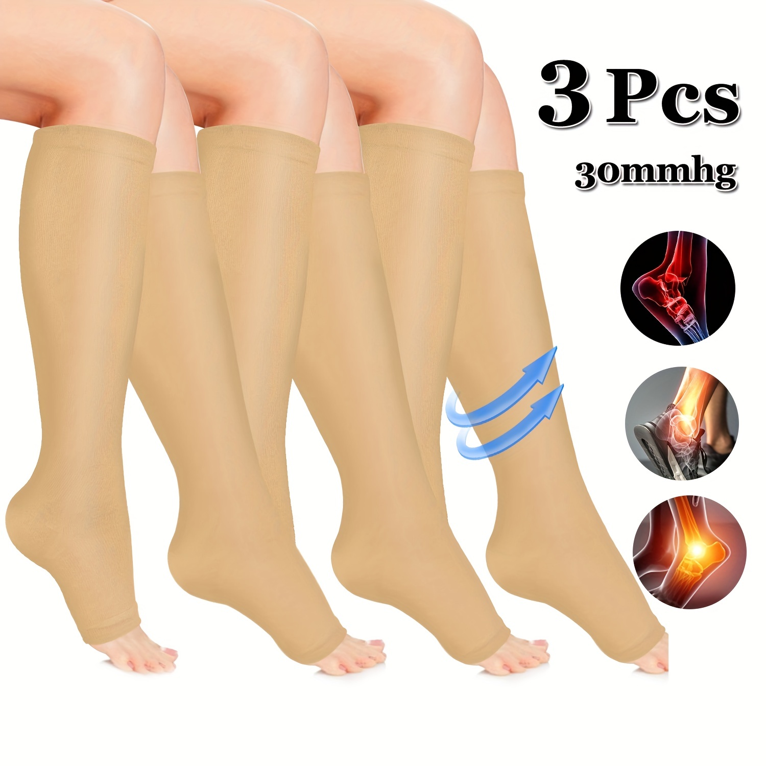 Open Toe Medical Compression Socks for Women & Men L/XL (1 Pair) - Beige