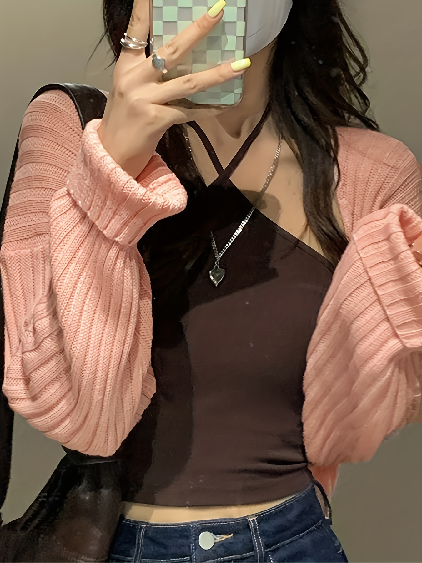 Temu Solid Color Collarless Crop Sweater, Women's Open Front Rib Knit Cardigan Vintage Long Sleeve Spring Fall Women's, Christmas Styling & Gift