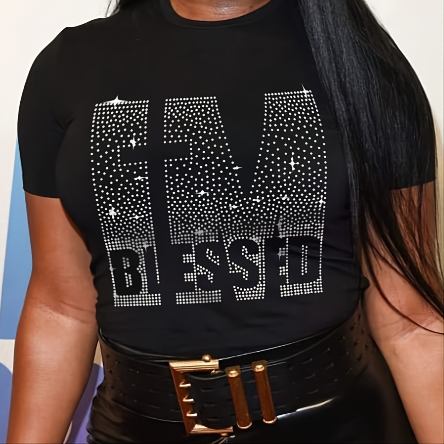 Plus Size Letter Graphic Rhinestone Crew Neck T shirt Women s Decor 
