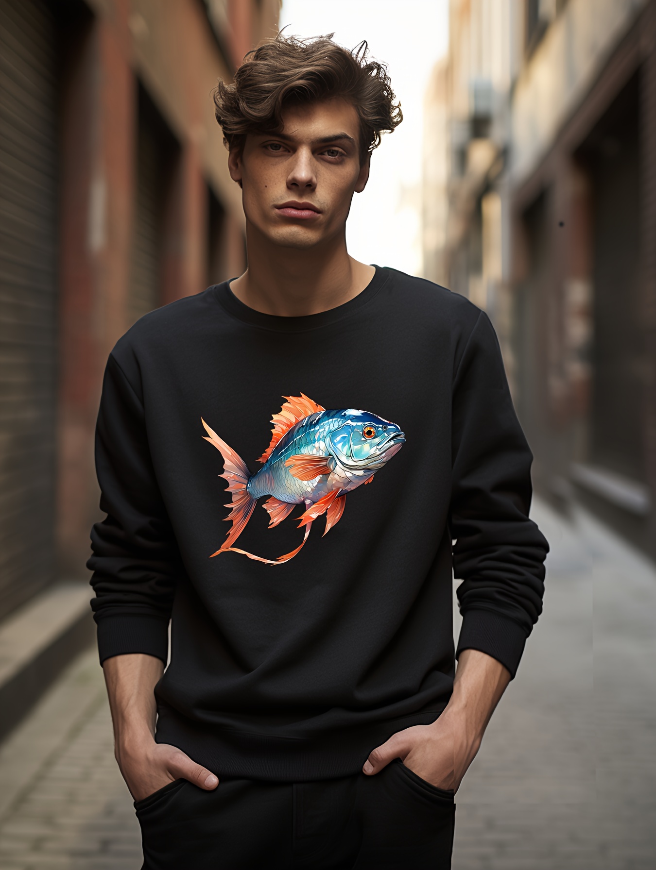 Fish Cat Print Men's Pullover Round Neck Long Sleeve - Temu Canada