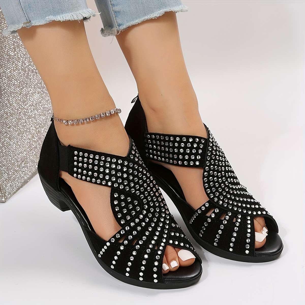 Rhinestone Cross Strap Sandals with Block Heel for Outdoor Activities