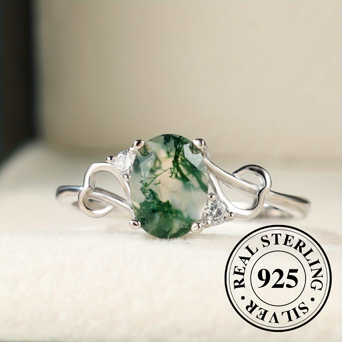 

925 Sterling Silver Ring Inlaid Moss Agate In Egg Shape High Quality Jewelry Match Daily Outfits Party Accessory ( Grain Of Stone May Differ From 1 Another )