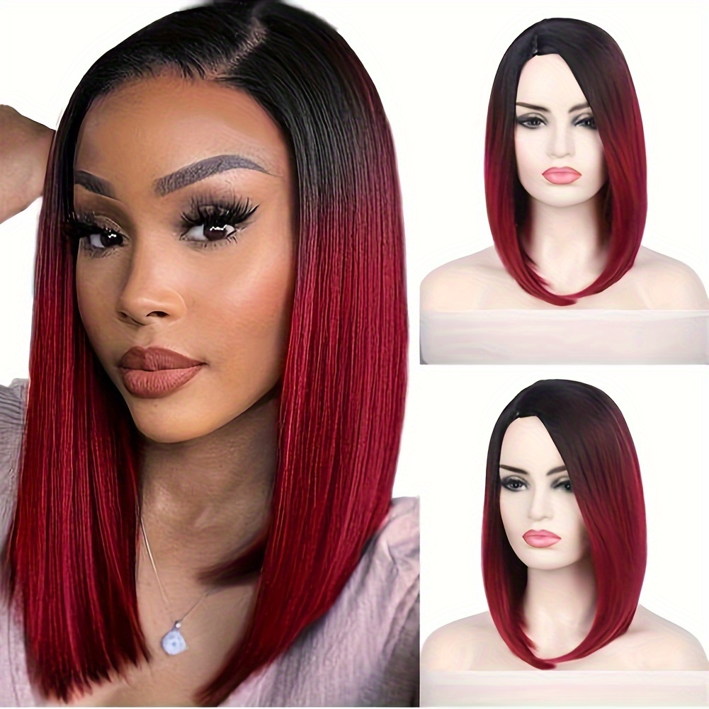 

Short Bob Straight Synthetic Wig Ombre Wig Black To Red Side Part Daily Cosplay Party Wig 14 Inches Bowl Cut Wig Heat Resistant Fiber Synthetic Wigs For Women Black Red