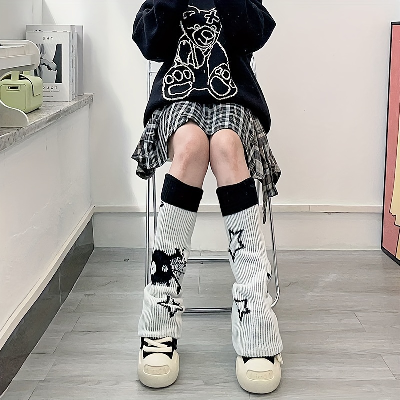 Y2k Star Skull Print Two Side Wear Knitted Leg Warmers Socks Punk Girls  Japanese Kawaii Streetwear Leg Cover