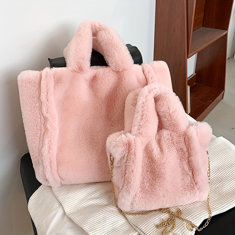 Multicolor Winter Fuzzy Bag, Trendy Large Capacity Ladies Shoulder Bag, Soft Plush Handbag, Tote Bag,Temu