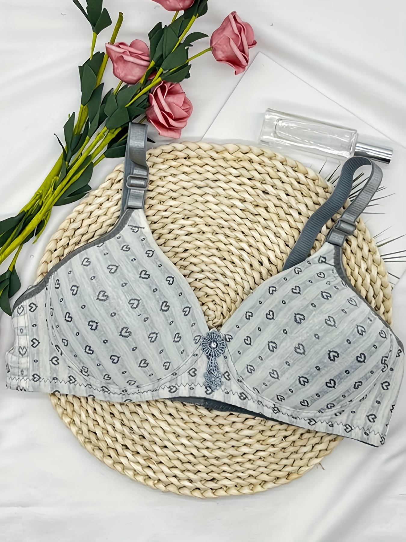 Heart Floral Print Push Up Bra Casual Breathable Full - Temu