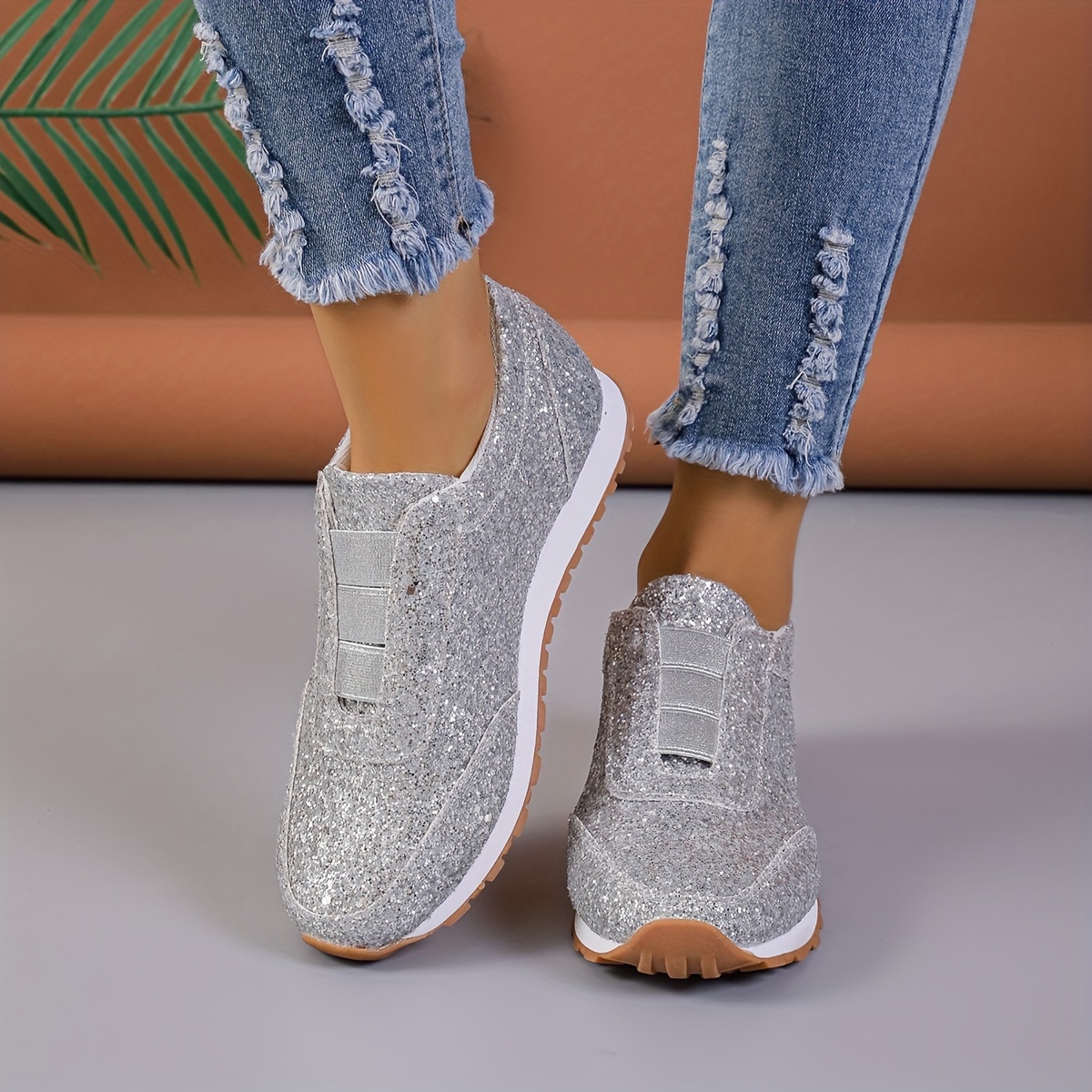 Solid Color Sequins Sneakers, Women's Decor Glitter Lightweight Casual Slip Shoes,Women Tennis Shoes,Temu
