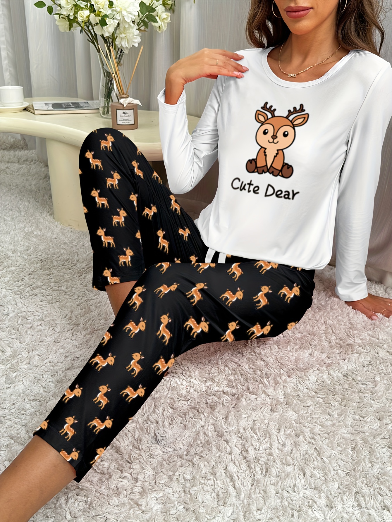 Cartoon Animal Print Pajama Set, Long Sleeve Crew Neck Top & Elastic  Waistband Pants, Women's Sleepwear & Loungewear