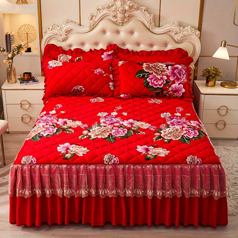 

3pcs Velvet Quilted Macrame Bed Skirt Set (bed Skirt *1+ Pillowcase*2, Without Core), Classic Vintage Flower Printed All Seasons Universal Non-slip Thick Warm Autumn And Winter Bedding Set Ramadan
