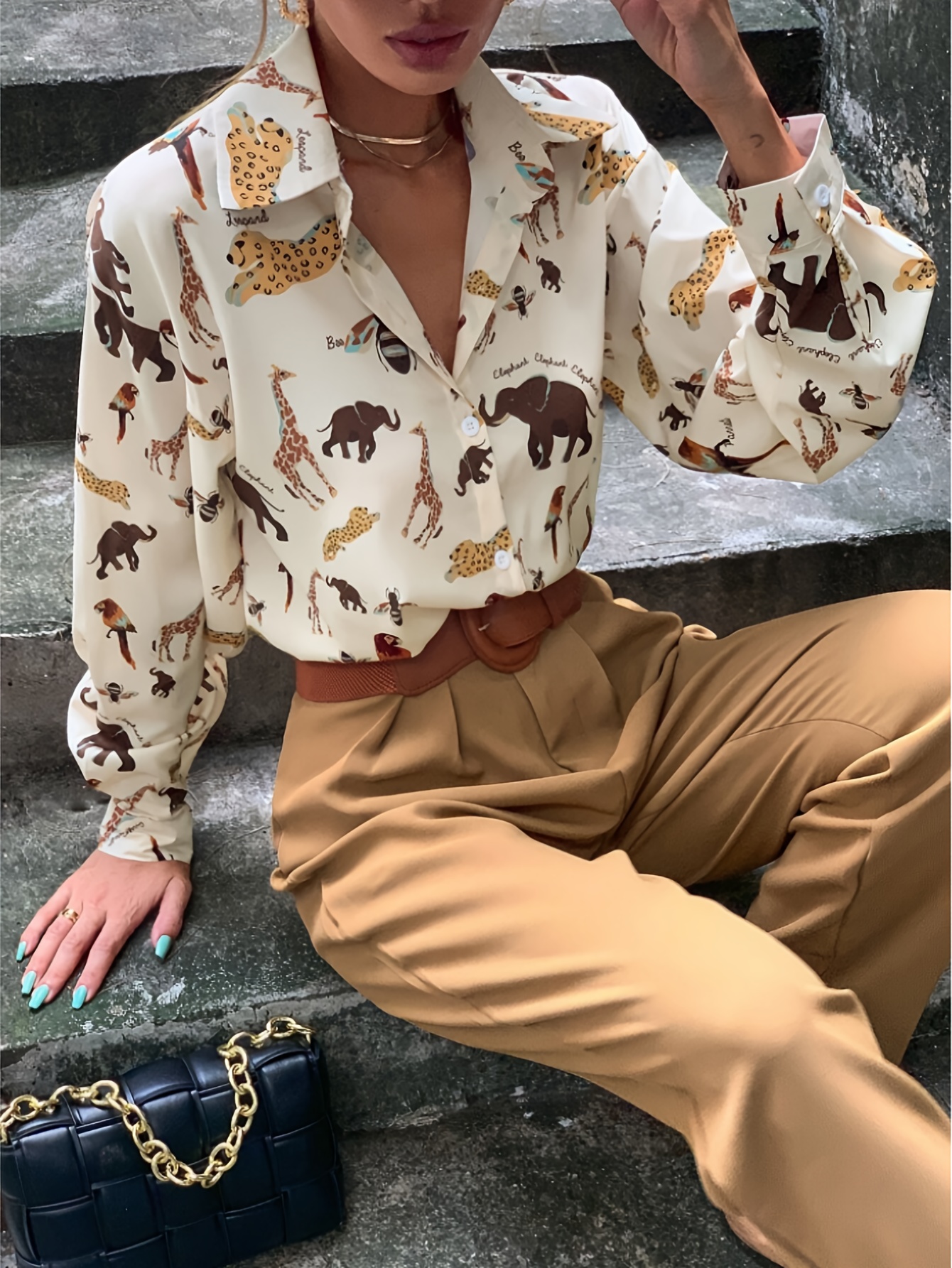 womens stylish animal print shoulder blouse floral bird Temu