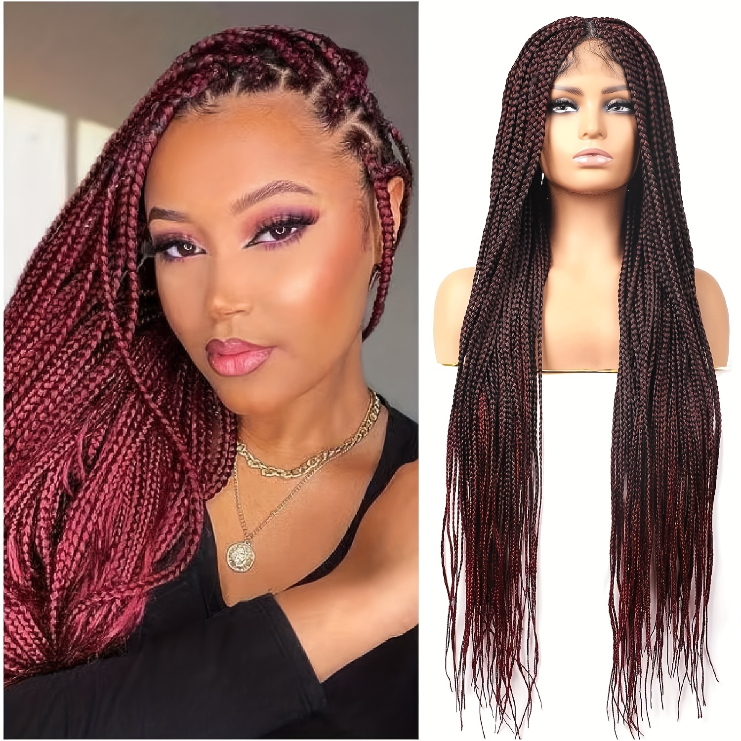 Top Cornrows C Cut Braid Wig Fulani Feedin Braided Box Braids Lace Front Wig  Color Burgundy Red 22 Inches 