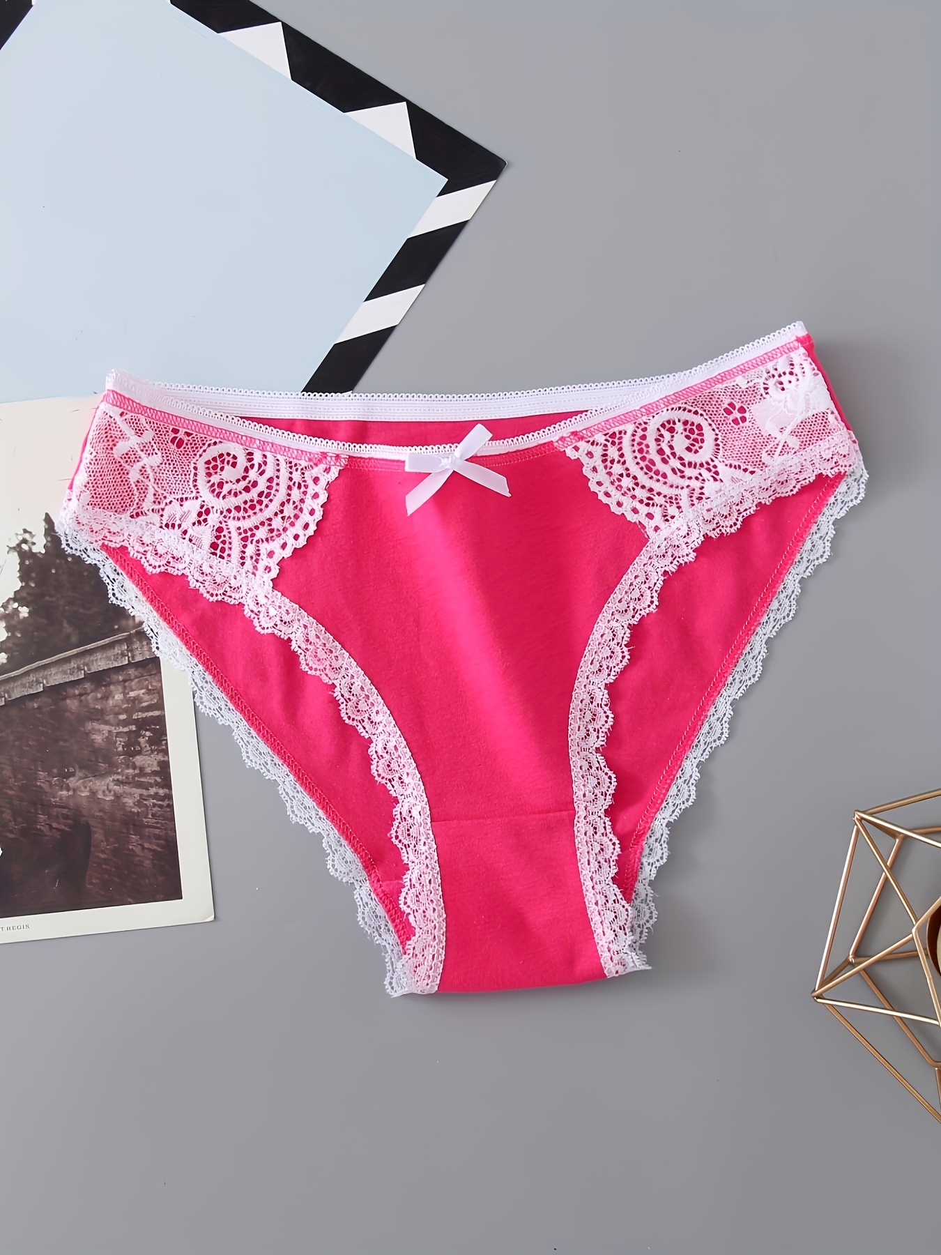 Candyiry - Plain Lace Trim Bow Bikini Panties