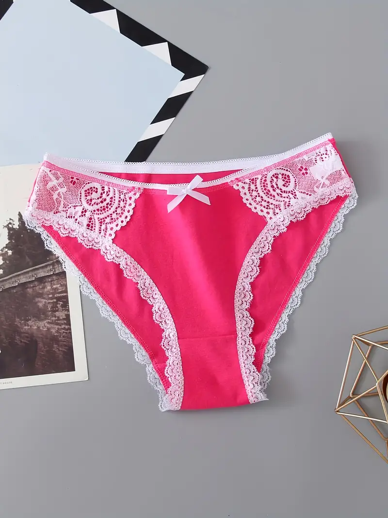 Bow Contrast Lace Bikini Panties Comfy Colorblock Elastic - Temu Canada