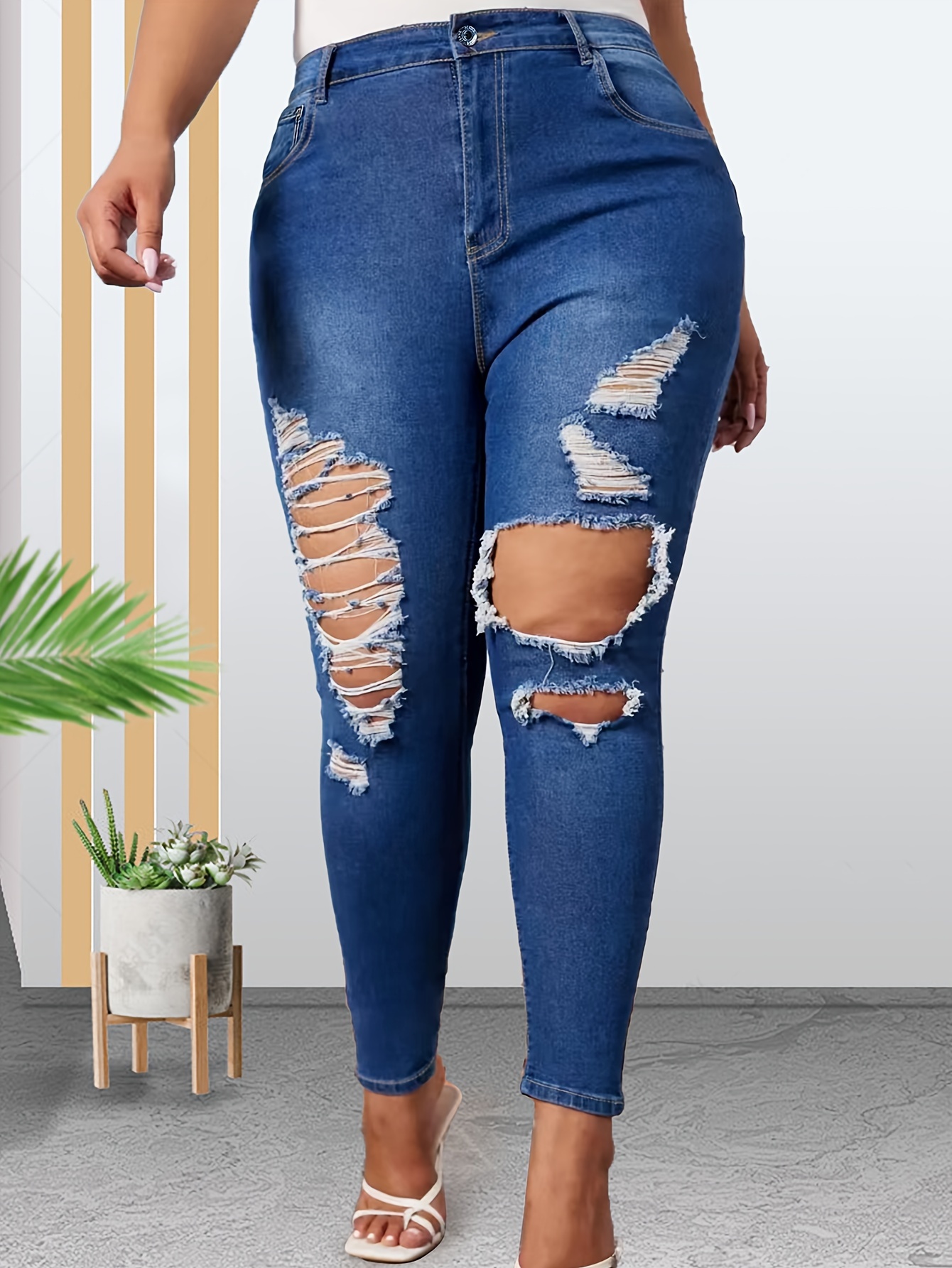 Plus Size Sexy Jeans Women's Plus Solid Ripped Button Fly - Temu