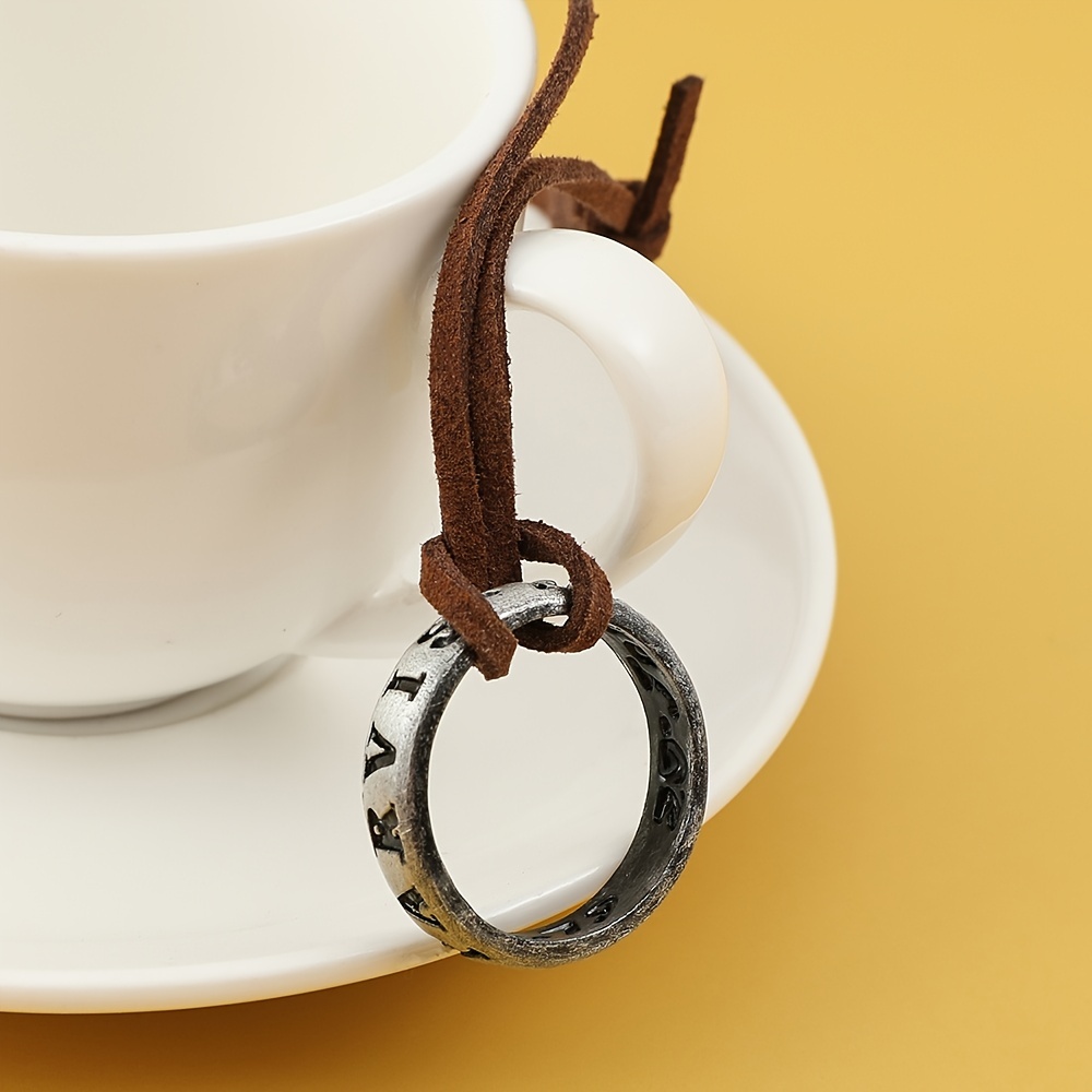 Men's Adjustable Brown Leather Chain Pendant Necklace with Ring
