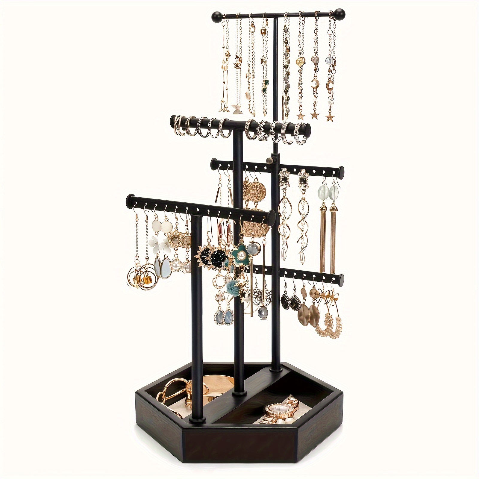 Love-KANKEI Love-Kankei Jewelry Organizer Stand Metal Wood Base And Large  Storage Necklaces Bracelets Earrings Holder Organizer Black And W