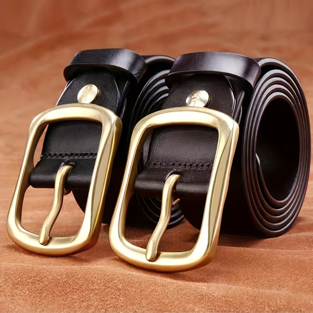 Cowhide Copper Pin Buckle Men's Belt Green Middle Aged Jeans Retro Belt