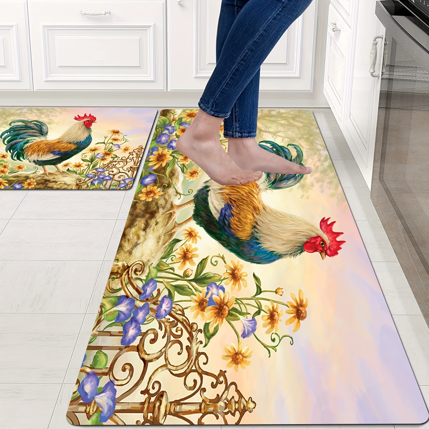 Sunflower and Rooster Kitchen Mat Non-Slip Carpet Indoor Outdoor