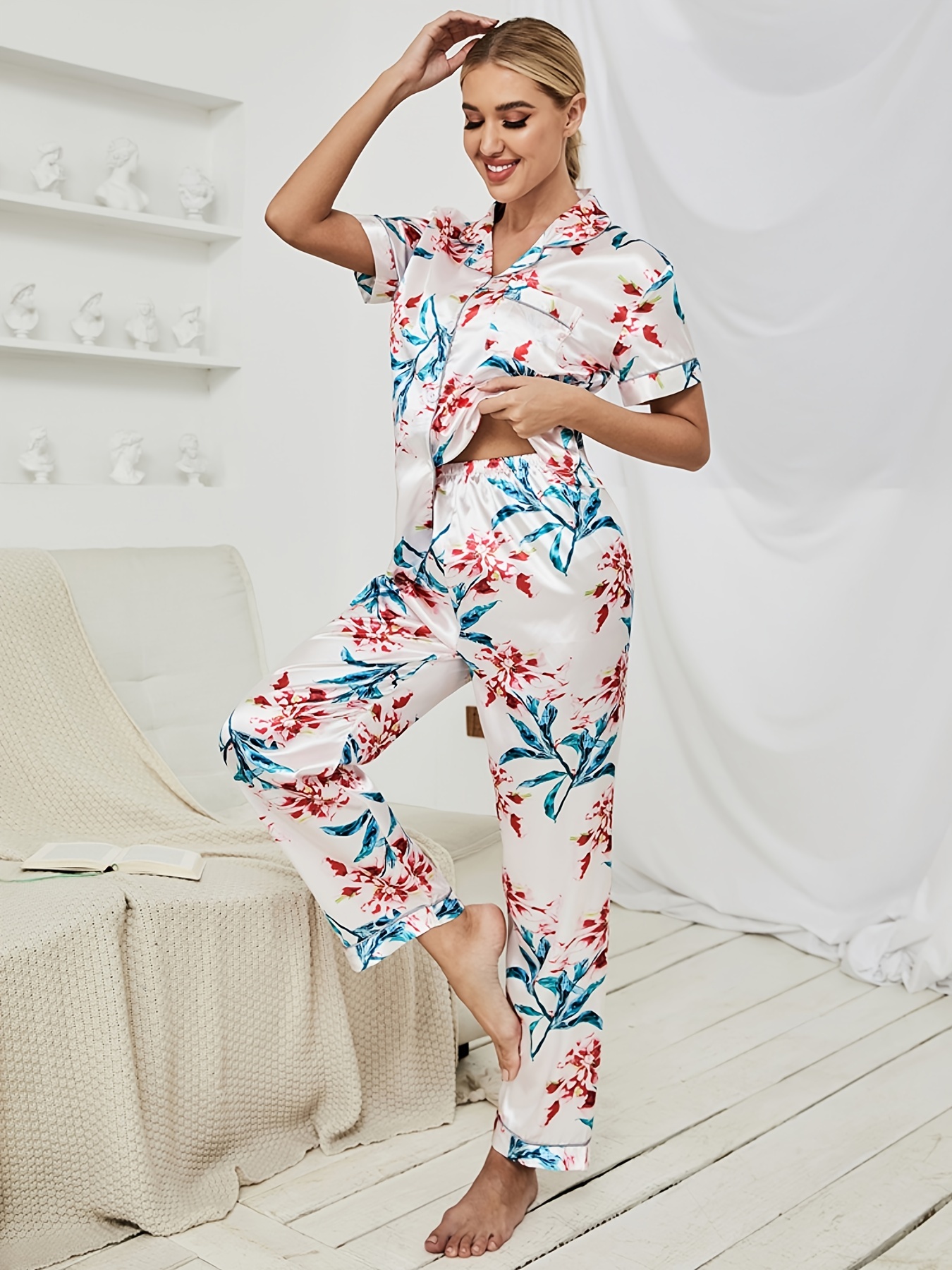 Elegant Satin Floral Print Pajamas Set, Lightweight Button Up Blouse Pajama  Top & Elastic Waistband Pajama Pants, Women's Loungewear & Sleepwear