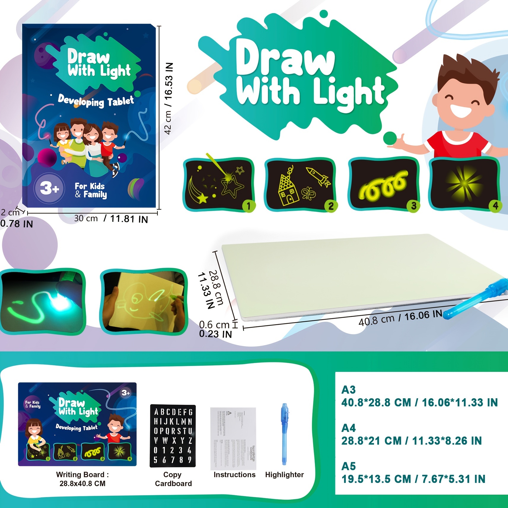A3 A4 A5 Magic Luminous Drawing Board Draw with Light-Fun Sketchpad Board  Fluorescent Pen Russian English Light Up Draw Kids Toy