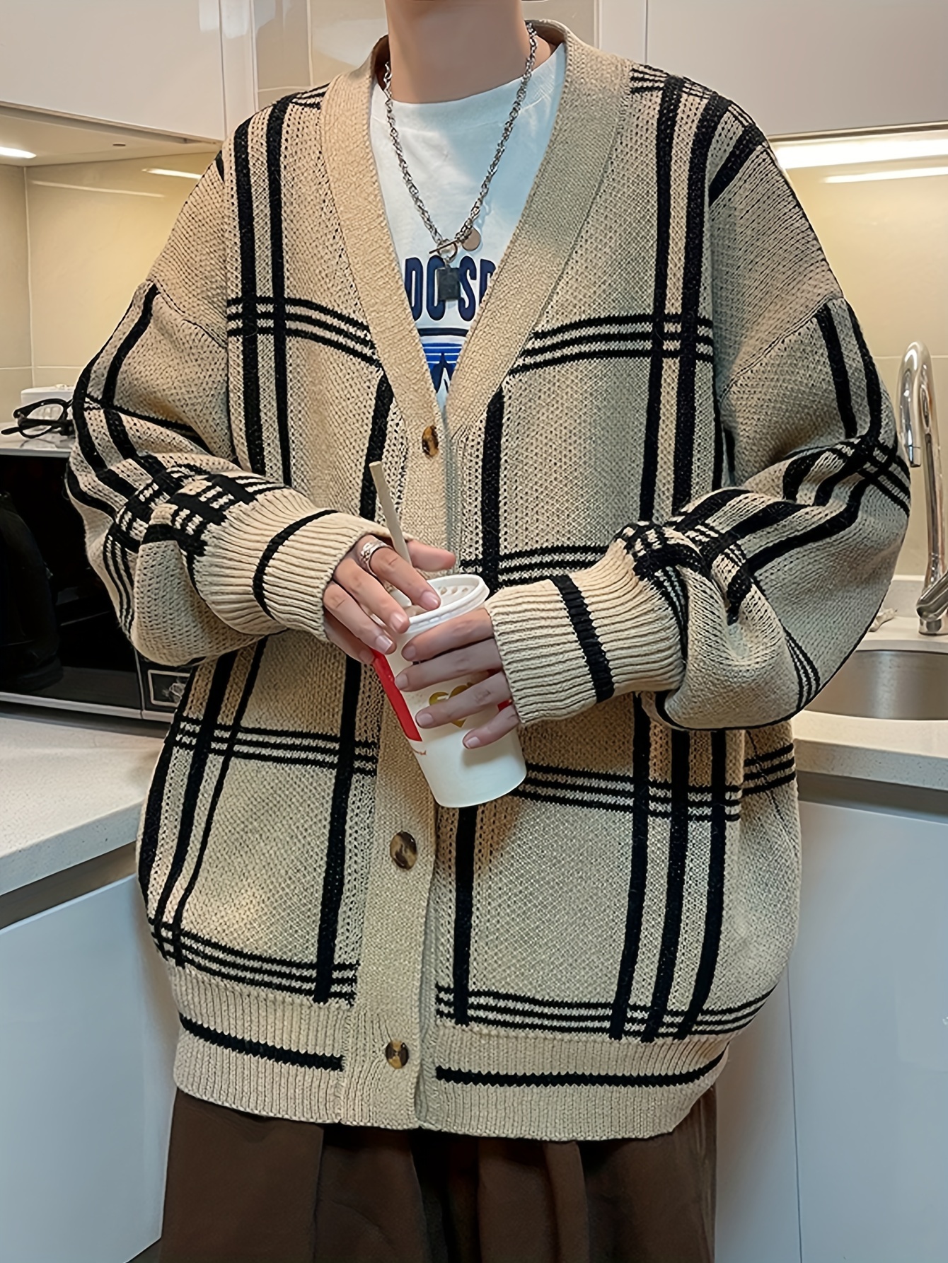 Plus Size Men's Plaid Cardigan Button Up Coat For Spring Fall Winter, Men's Clothing