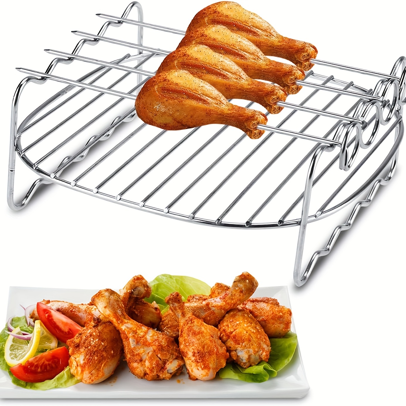 Air Fryer Rack With 4 Skewers, Including Silicone Mat-stainless Steel  Double Layer Air Fryer Rack, Mom Gift, Kitchen Gadgets, Kitchen Stuff,  Kitchen Accessories,home Kitchen Items, Bbq Tools - Temu