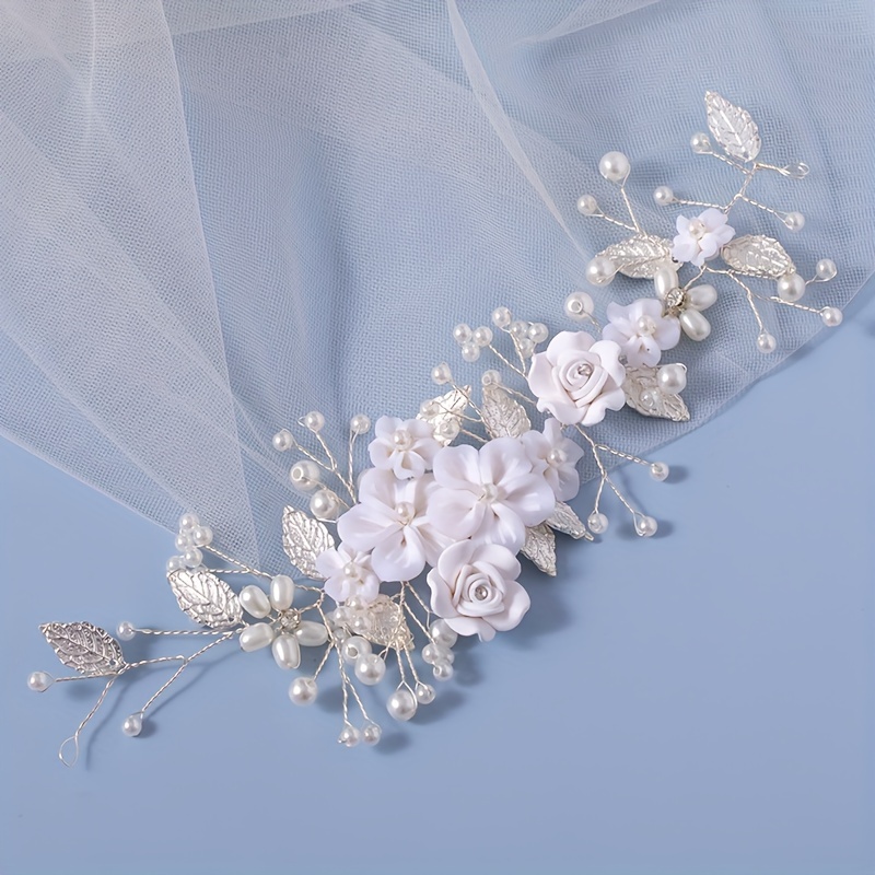 1pc flower bride wedding hair vine pearl bridal hair piece leaf hair accessories   headband for women and girls details 4