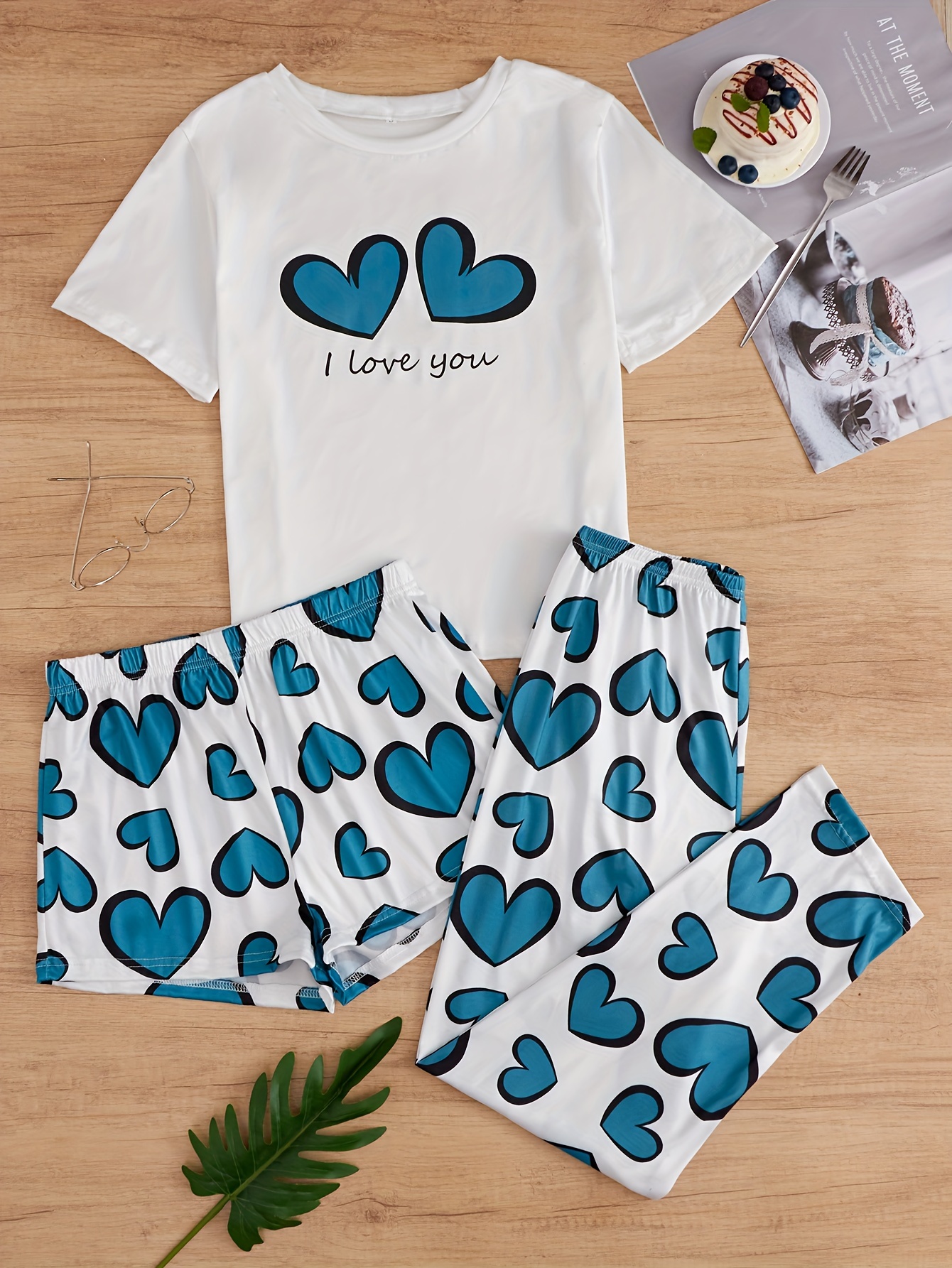 Heart Print Pajamas Set, Short Sleeve Buttons Top & Lounge Pants, Women's  Sleepwear & Loungewear