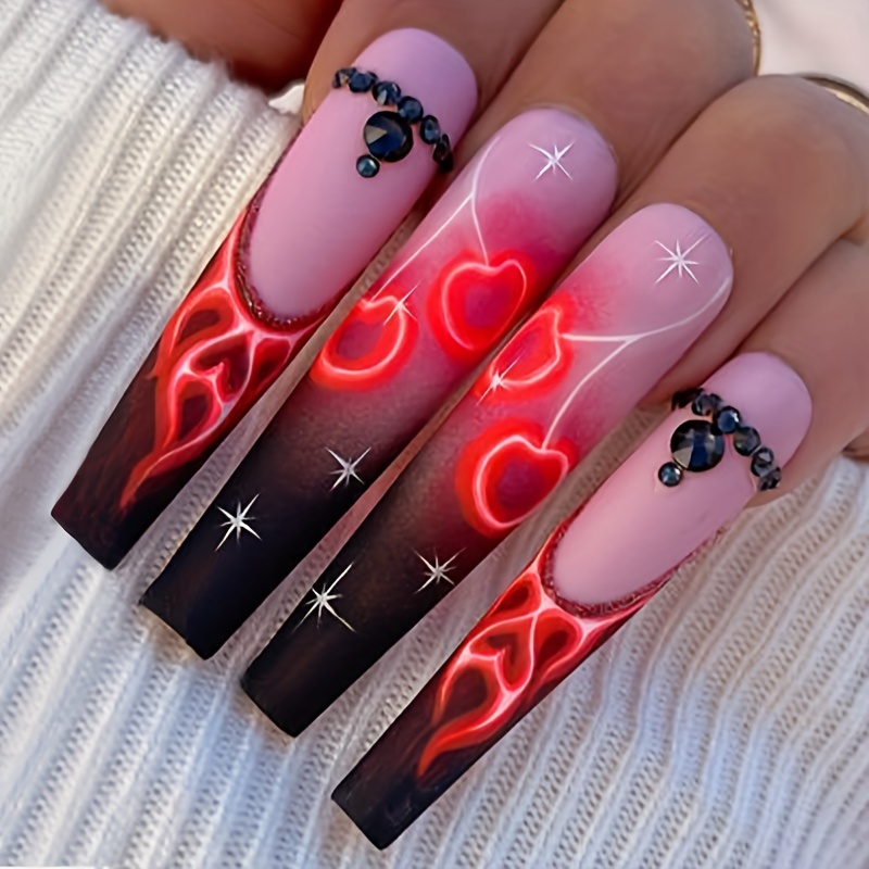 Dark Red with Hearts Rhinestones Design, Press On Nails, Fake Nails, Glue On Nails