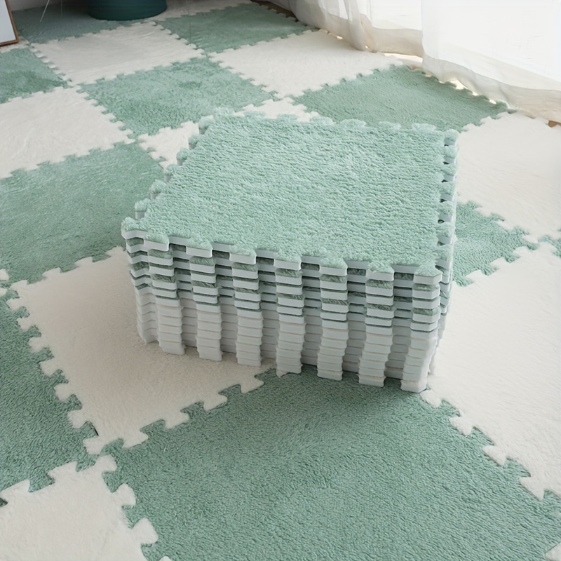 12X12 Plush Interlocking Foam Mat, 6Mm Thick Foam Mat,Living Room Bedroom  Carpet Tiles Area Rug Mat,Soft Puzzle Play Mat,Green+White,20Pcs