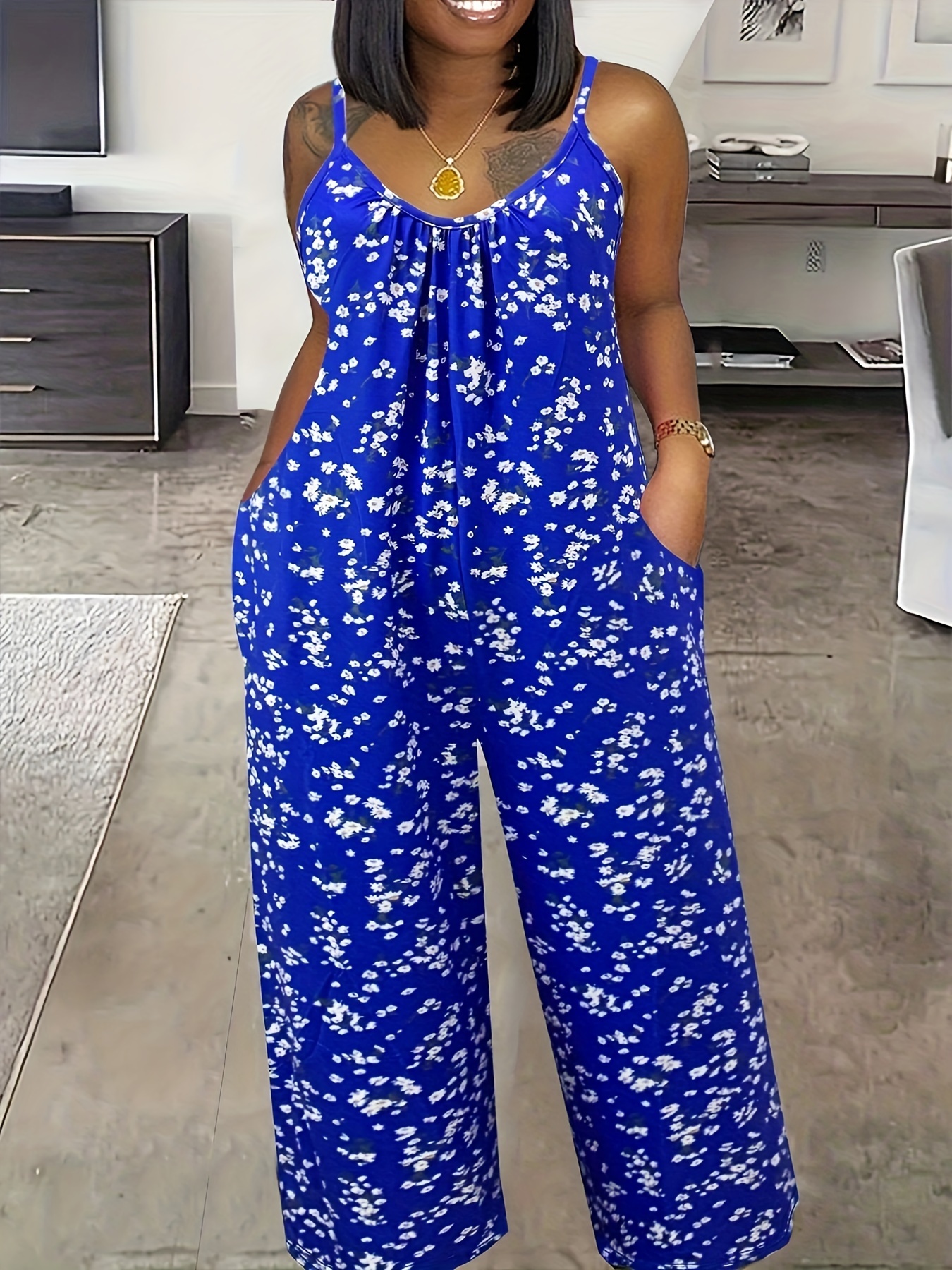 Women Boho Floral Sleeveless Jumpsuit Palazzo Wide Leg Pants